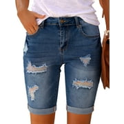 luvamia Women Bermuda Shorts Denim Destroyed Rolled Hem Shorts Jeans Classic Blue Size S Fit Size 4 Size 6